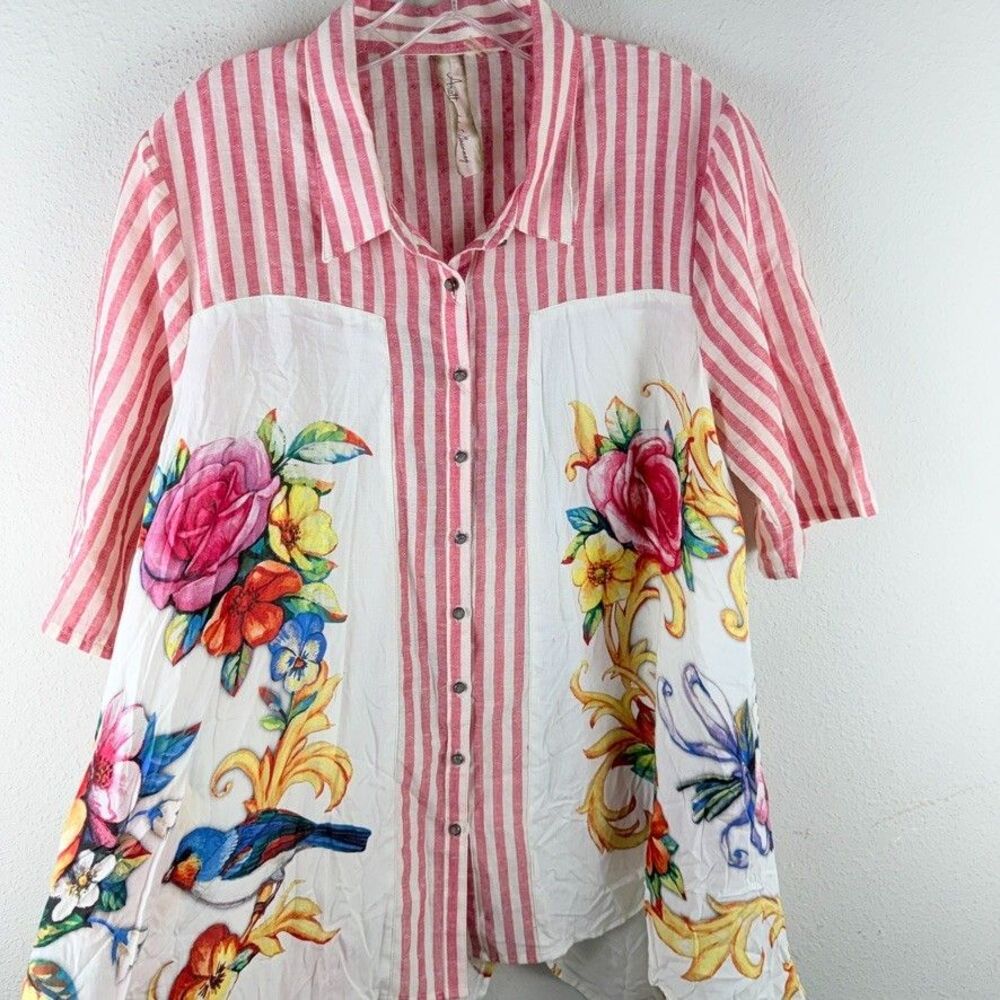 Aratta Silent Journey Womens Large Short Sleeve Button Boho Tunic Top Artsy Bird